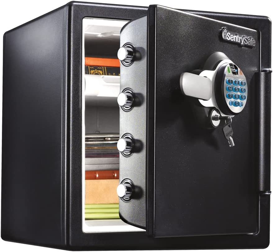SentrySafe Fireproof and Waterproof Home Safe with Biometric Lock, Secure Documents and Valuables, Steel Safe with Fingerprint Lock, 1.23 Cubic Feet, 17.8 x 16.3 x 19.3 Inches, SFW123BTC---key is inside the safe need to call the number thats on the safe t