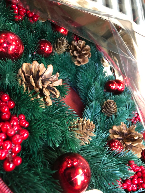 Photo 1 of 18 Inch Pre-Lit Artificial Christmas Wreath with Lights,Lighted Christmas Wreaths for Front Door with 40 LED Battery Operated 8 Modes Remote Control Timer,Indoor Outdoor Xmas Wreath Decorations 18 inches