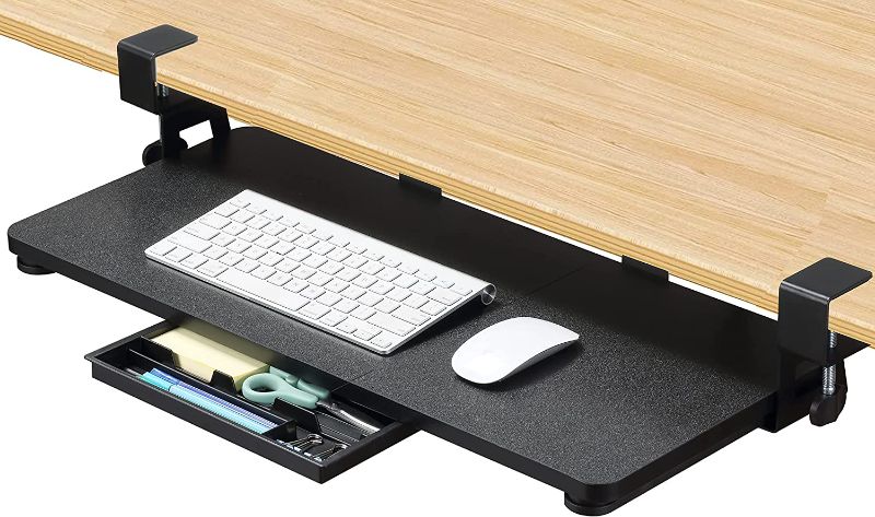 Photo 1 of ETHU Keyboard Tray Under Desk, 26.77" X 11.81" Large Size Keyboard Tray with C Clamp-on Mount Easy to Install, Computer Keyboard Stand, Ergonomic Keyboard Tray for Home and Office (Black)
