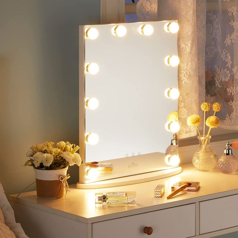 Photo 1 of LUXFURNI Vanity Tabletop Hollywood Makeup Mirror w/ USB-Powered Dimmable Light, Touch Control, 12 Day/Warm LED Light (16Wx20L, White)
no cord