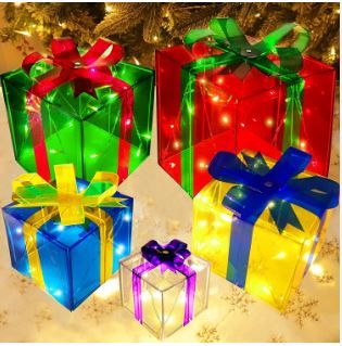 Photo 1 of [ Extra Large & 5 Pack ] 80 LED Lighted Gift Boxes Christmas Decorations Plug in 12"-8"-6"-5"-4" Light up Transparent Present Box Christmas Tree
