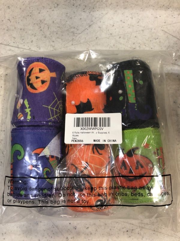 Photo 2 of 6 Rolls Halloween Wired Edge Ribbon for Wreaths 2.5 Inch x 30 Yards Bat Spider Web Pumpkin Print Grosgrain Ribbon Ghost Witch Hat and Leg Ribbon Halloween Party Decorative Ribbon Supplies, 6 Styles