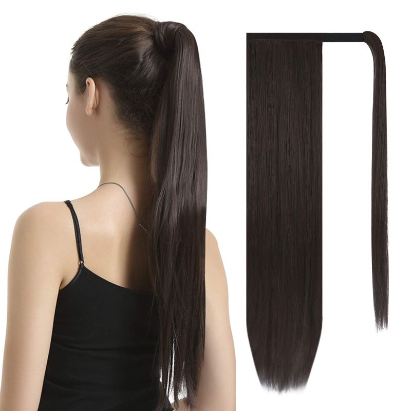 Photo 1 of BARSDAR 28 inch Ponytail Extension Long Straight Wrap Around Clip in Synthetic Fiber Hair for Women - Darkest Brown