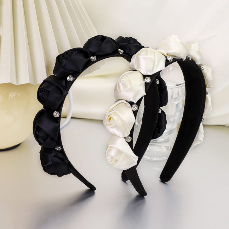 Photo 1 of Anlecpe 2 Rose Flower Diamond Headband Women Rhinestone Crystal Fancy Headbands Elastic Hairbands Rose Hair Band Sleek Hairband Hair HoopWhite Black Pro