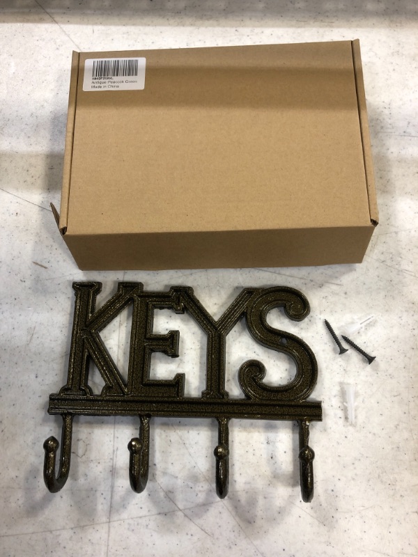 Photo 2 of Key Holder “Keys” – Wall Mounted Western Key Holder | 4 Key Hooks | Decorative Cast Aluminum Key Rack | with Screws and Anchors – 6x8” (Antique Peacock Green)