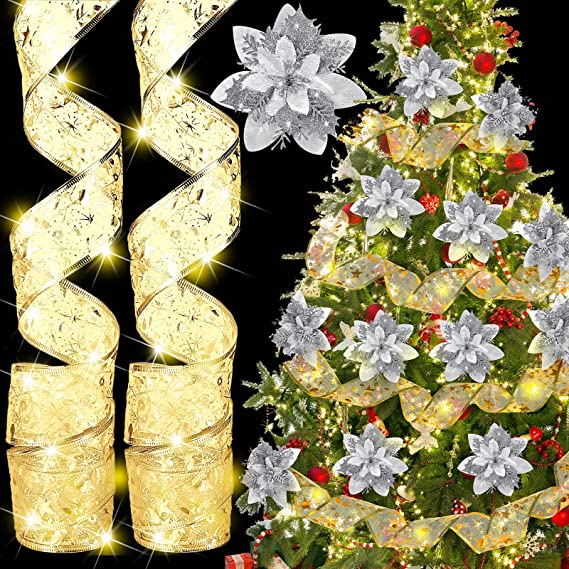 Photo 1 of 26 Pcs Christmas Tree Decorations 2 Pack 16ft LED Christmas Ribbon Fairy Lights with 24 Artificial Christmas Glitter Poinsettia Flowers for Indoor Outdoor Christmas Tree Decor (Gold, Elegant Style)