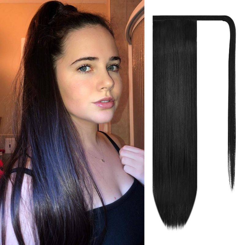 Photo 1 of BARSDAR 24 inch Ponytail Extension Long Straight Wrap Around Clip in Synthetic Fiber Hair for Women - Natural Black