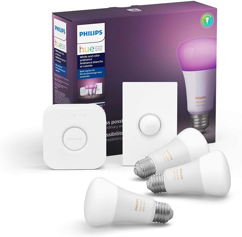 Photo 1 of Philips Hue White and Color Ambiance Base Lumen (75W) Smart Button Starter Kit, 16 Millions Colors, Works with Amazon Alexa, Google Assistant, Apple HomeKit 75 Watt (OLD VERSION) - OPEM BOX -