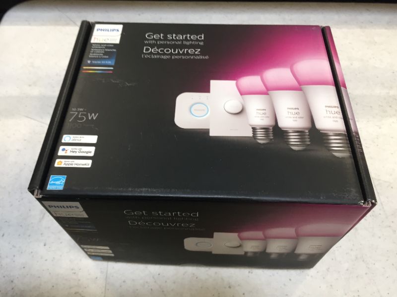 Photo 2 of Philips Hue White and Color Ambiance Base Lumen (75W) Smart Button Starter Kit, 16 Millions Colors, Works with Amazon Alexa, Google Assistant, Apple HomeKit 75 Watt (OLD VERSION) - SEALED -