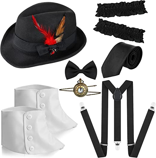 Photo 1 of Eurzom 9 Pcs Halloween 1920s Men Costume, Includes Gangster Fedora Hat Y Back Suspenders Trouser Braces Black Bow Tie Tie Armbands Vintage Pocket Watch Shoe Spats Roaring Retro Costume
