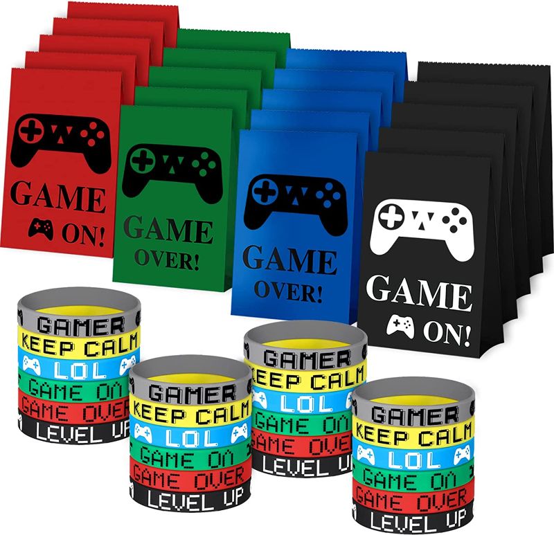 Photo 1 of 48 Pieces Video Game Party Supplies Set Include 24 Pieces Video Game Bracelets Wristbands and 24 Pieces Gamer Party Bags for Game Birthday Gamer Party Favors
