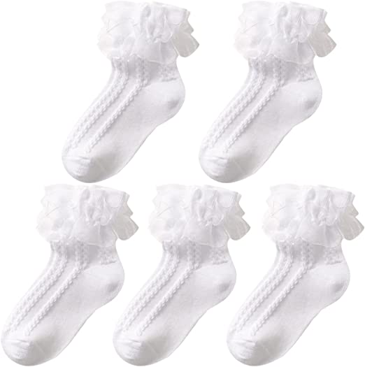 Photo 1 of 5 Pairs Girls Lace Ruffle Cotton Frilly Ankle Socks Cotton White Princess Dance Dress Socks for Little/Big Kids L
