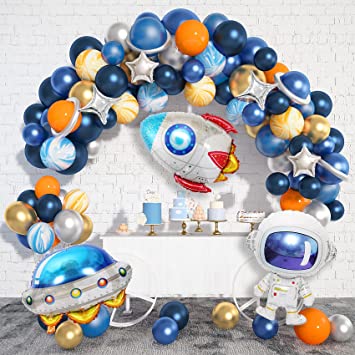 Photo 1 of 112 PCS Outer Space Party Decorations Balloon Garland Kit, Space Birthday Party Supplies UFO Rocket Astronaut Navy Blue Silver Foil Latex Balloons for Boys Kids