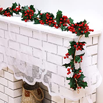 Photo 1 of 2 Pieces Christmas Fireplace Decoration White Lace Jesus Christmas Fireplace Scarf and 6 ft Red Berry Christmas Garland for Fireplaces Door