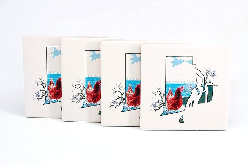 Photo 1 of 4 Absorbent Ceramic Drink Coasters with Cork Back, Artist Designed, 4” Square Coaster Set, Protects Tabletop, Great Housewarming Gift (Rhode Island Set)
