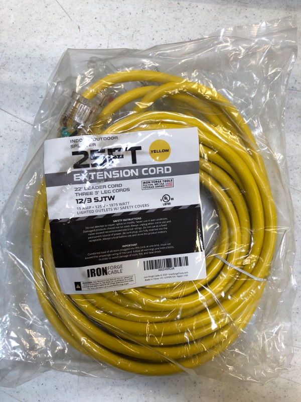 Photo 2 of 25 Ft Weatherproof 1 to 3 Outdoor Extension Cord Splitter - 12/3 SJTW [31 Ft Total Length] Heavy Duty Lighted End Yellow Power Cord Splitter with 3 Prong - Multi Outlet Christmas Light Decorations
