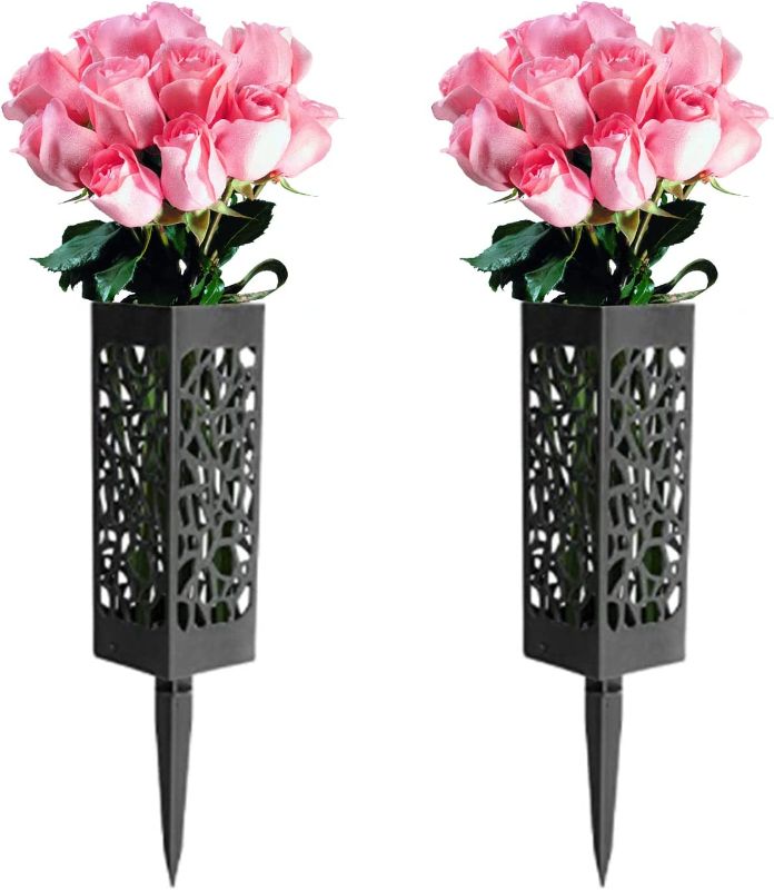Photo 1 of 2 Pack Cemetery Vases, Grave Cemetery Decorations, Black Plastic Vase with Drainage Hole, Human Grave Markers, Flower Holder for Cemetery
