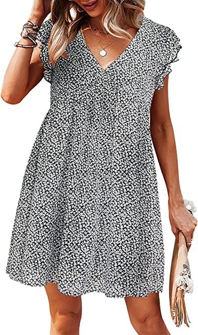 Photo 1 of KUIIHUAZ Women's Casual Tunic Dress V Neck Ruffle Sleeve Loose Flowy Swing Shift Mini Dress - M
