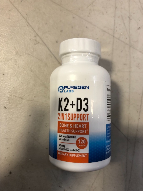 Photo 2 of 2 in 1 High Potency Formula 90mcg Vitamin K2 (MK7) and 5000 IU Vitamin D3 Supplement for Bone and Heart Health. Non-GMO Formula, Easy to Swallow Vitamin D & K Complex, 120 Capsules I 4-Month Supply EXP: 04/2023
