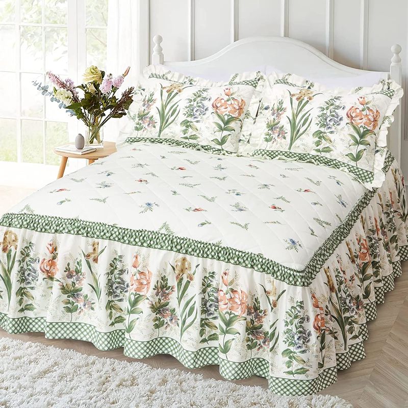 Photo 1 of 100% Cotton Ruffle Bed Skirt with Quilted Platform-Queen 20? Deep Drop Floral Bedspread 3-Side Dust Ruffle Drape Fitted Sheet (Beige, Full)
