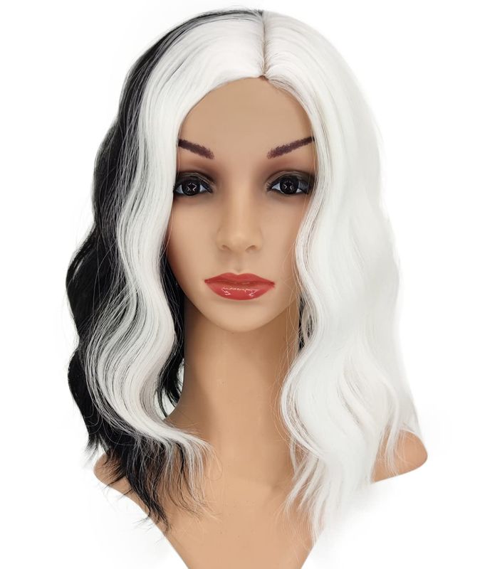 Photo 1 of Ccfurwo Kids Cruella Deville Wig Black and White Wigs for Cruella Deville Costume Girls Kids Short Curly Wavy Bob Wig Cute Soft Hair Wig with Wig Caps for Party CC014BW
