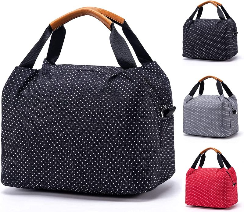 Photo 1 of CALIYO Lunch Bag for Women, Insulated Kids Lunch Container with Leather Holder, Foldable Cute Small Cooler Polka Dot Lunch Tote Bag for Office School Picnic Camping Travel, 9L,Black
