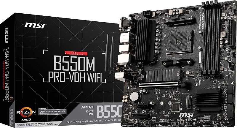Photo 1 of MSI B550M PRO-VDH WiFi ProSeries Motherboard (AMD AM4, DDR4, PCIe 4.0, SATA 6Gb/s, M.2, USB 3.2 Gen 1, Wi-Fi, D-SUB/HDMI/DP, Micro-ATX)
** MISSING PCS UNKNOWN ** USED BUT LOOKS GOOD AS NEW 