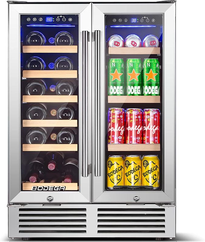 Photo 1 of BODEGA Wine and Beverage Refrigerator, 24 Inch Dual Zone Wine Cooler, with Memory Temperature Control and 2 Safety Locks,Soft LED Light Hold 19 Bottles and 57 Cans, Built-In or Freestanding --- Factory Sealed
