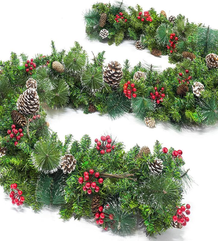 Photo 1 of 9 FT Prelit Christmas Garland with 100 LED Lights, 8 Modes 3AA Battery Operated Garland with Timing Function for Home Stairs Fireplace Front Porch Door Display Indoor Outdoor Christmas Decoration
