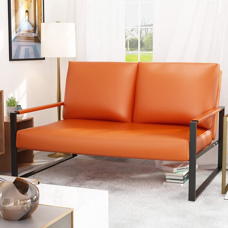 Photo 1 of  Mid-Century Modern Solid Loveseat Sofa Upholstered Faux Leather 2-Seat Couch Metal Armchair Accent Chair for Small Space Living Room, Bedroom, 105 Degree Slant Back, Easy-Assembly, Orange--------Possibly missing some screws due to usage 