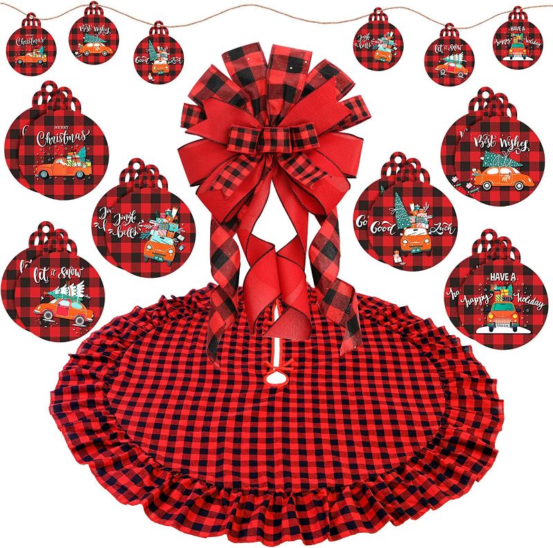 Photo 1 of 14 Pcs Christmas Decorations Buffalo Plaid Christmas Tree Topper Bow Christmas Tree Skirt and 12 Pcs Christmas Wooden Hanging Ornaments Red Truck Xmas Decor (Red and White)
