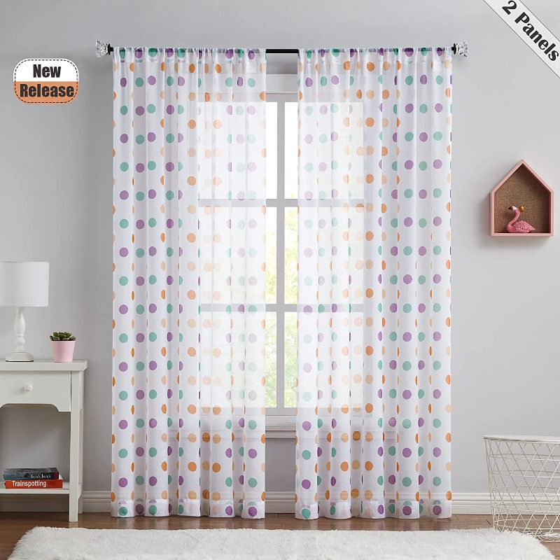 Photo 1 of Beauoop Sheer Window Curtains 95-Inch Long with Colorful Dots Pattern for Kids Room Bedroom Teenage Nursery Boys Faux Linen Semi Sheer Drapes Rod Pocket Window Treatment, 2 Panels, 52"W, Orange/Purple
