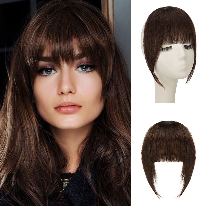 Photo 1 of Sofeiyan Clip in Bangs 100% Human Hair Extensions French Bangs Flat Neat Bangs Clip on Air Bangs with Temple Thick Bangs Fringe Hairpieces for Women(Light Brown)
