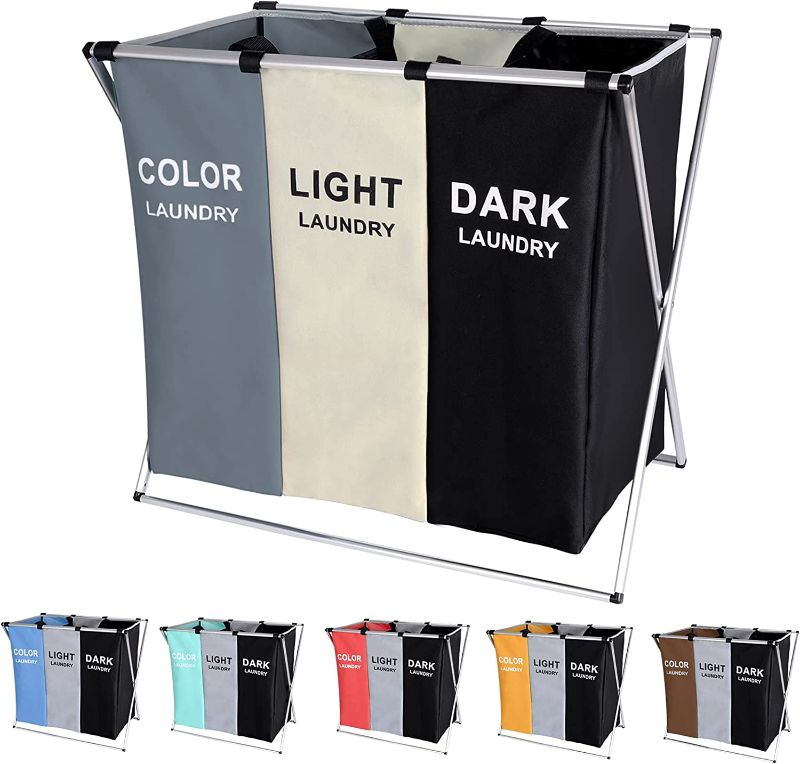 Photo 1 of 135L Laundry Cloth Hamper Sorter Basket Bag Bin Foldable 3 Sections with Aluminum Frame 24'' × 14'' x 23'' Washing Storage Dirty Clothes Bag for Bathroom Bedroom Home (White+Grey+Black)
___includes hardware and instructions, no damage
