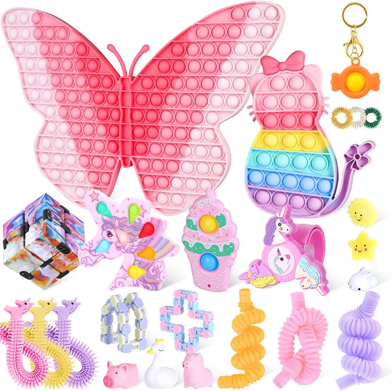 Photo 1 of HiUnicorn Girls Fidgets Toys Pack Gifts - 24 Packs Big Large Butterfly Pop Bubbles, Cute Pink Stress Sensory Toy Cat Poppers Unicorn Bracelet Spinner Keychain Dimples Animals Pop Tube Infinity Cube
