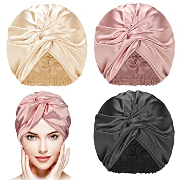 Photo 1 of 3 Pieces Silk Hair Wrap for Sleeping Women Bonnet Silk Sleeping Bonnet Elastic Hair Care Sleep Cap for Natural Curly Hair (Champagne, Black, Rose Gold)
