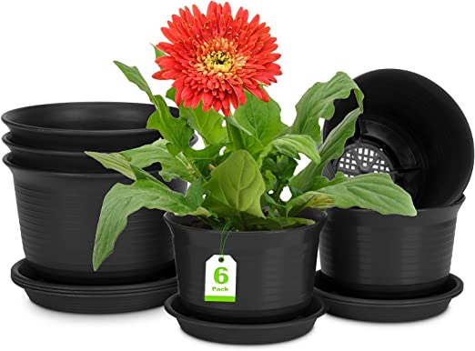 Photo 1 of 6 7 Inch Plastic Plant Pots, Set of 6 Round Flower Pots with Drainage Holes and Saucers for Indoor House Garden Plants Flowers (Black)
