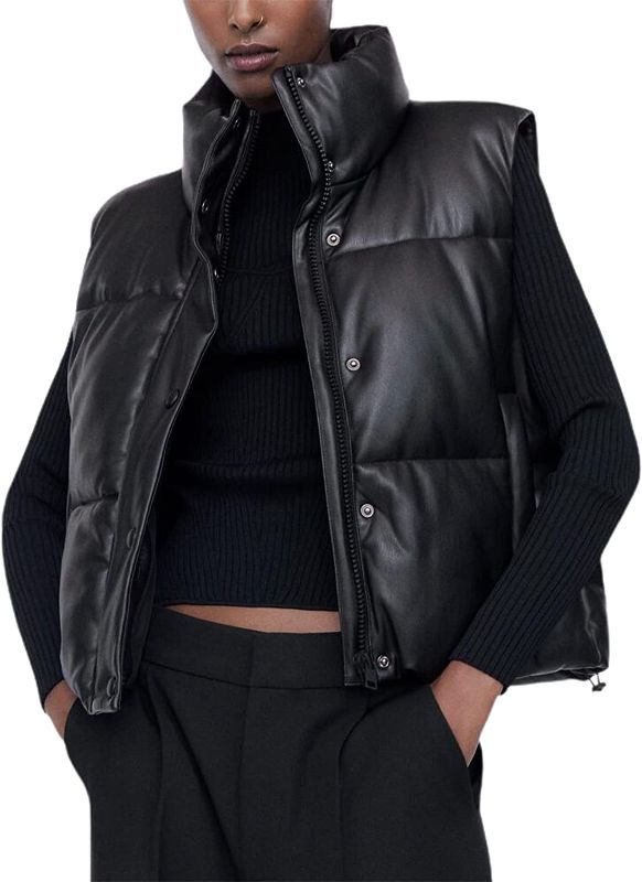 Photo 1 of Zhiyouni Womens Faux Leather Sleeveless Puffer Vest Zipper Winter Padded Jacket Vest Gilet XL
