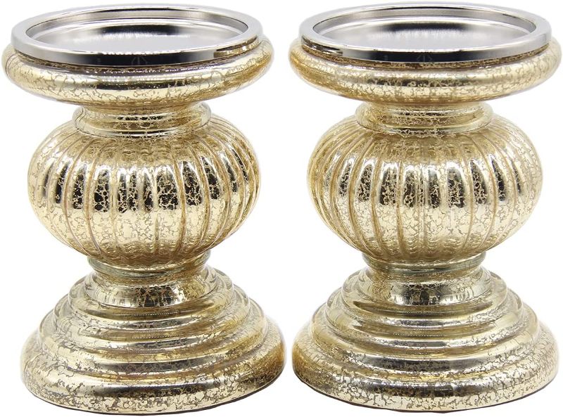 Photo 1 of 
Mercury Glass Pillar Candle Holders Set of 2, with 3 LED Lights Inside, Candle Holders for Pillar Candle, Perfect Decoration Candlesticks Sets, Ideal for Living Room, Home, Christmas Decor (Gold)