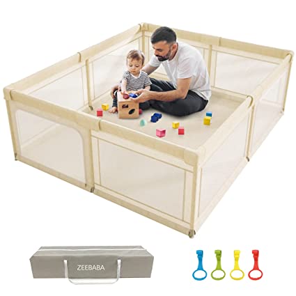 Photo 1 of Beige Baby Playpen, Extra Large 59x59x27inch Baby Play Pen, Indoor/Outdoor Kids Safe Activity Center for Babies (Beige-Without MAT)