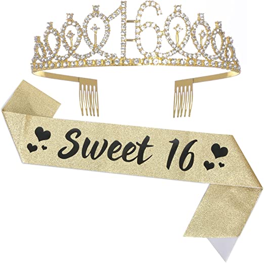 Photo 1 of 16th Birthday Sash and Tiara for Girls, Sweet 16 Fabulous Sash and Tiara Birthday Crown, Happy 16th Birthday Gifts for Girls Party Favors Supplies and Decorations, Gold
