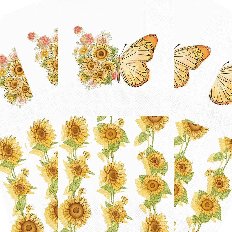 Photo 1 of 100 Pcs Sunflower Butterfly Guest Napkins Fall 2 Designs Disposable Paper Disposable Guest Towels Dinner Napkins with Sun Flowers Design for Autumn Holiday Party Tableware Supplies