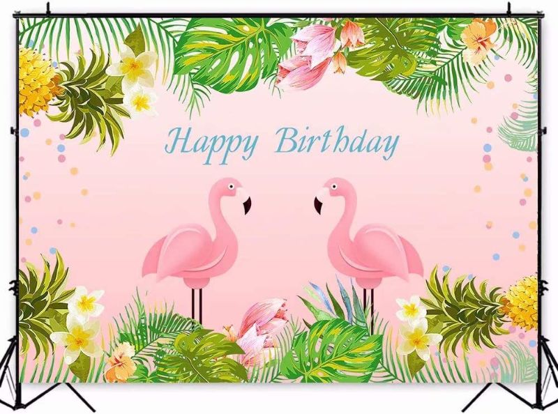 Photo 1 of 7x5ft Pink Flamingo Birthday Backdrop Summer Tropical Pineapple Hawaiian Floral Photography Background Baby Shower Decorations Photo Booth Cake Table Banner W-1889