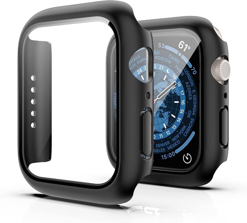 Photo 1 of 2 Pack Tempered Glass Screen Protector Case Compatible with Apple Watch Series 8/7 41mm?Hard PC Full Coverage Bumper Protector Cover for iWatch 41mm Accessories, Black