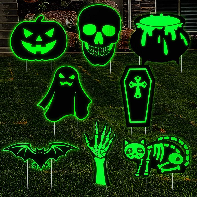 Photo 1 of 8 Pack Halloween Glow in Dark Yard Signs Outdoor Decorations Halloween Yard Black Cat Pumpkins Ghost Silhouette Lawn Signs for Halloween Prop Trick or Treat Party Lawn Yard Garden Decor Supplies