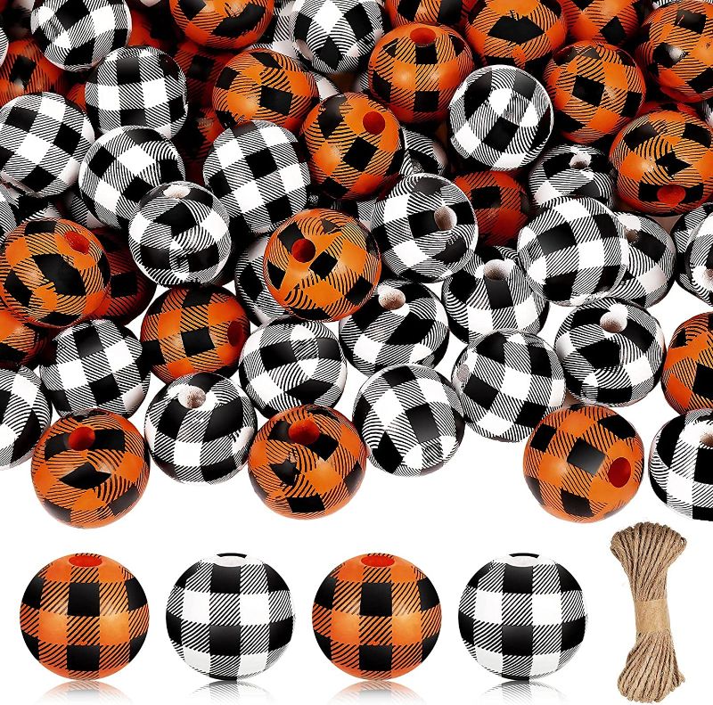 Photo 1 of 120 Pieces Plaid Wooden Beads Buffalo Plaid Beads for Craft Rustic Farmhouse Wooden Beads Round Wood Bead Polished Spacer Bead with Rope (Orange and Black, Black and White)