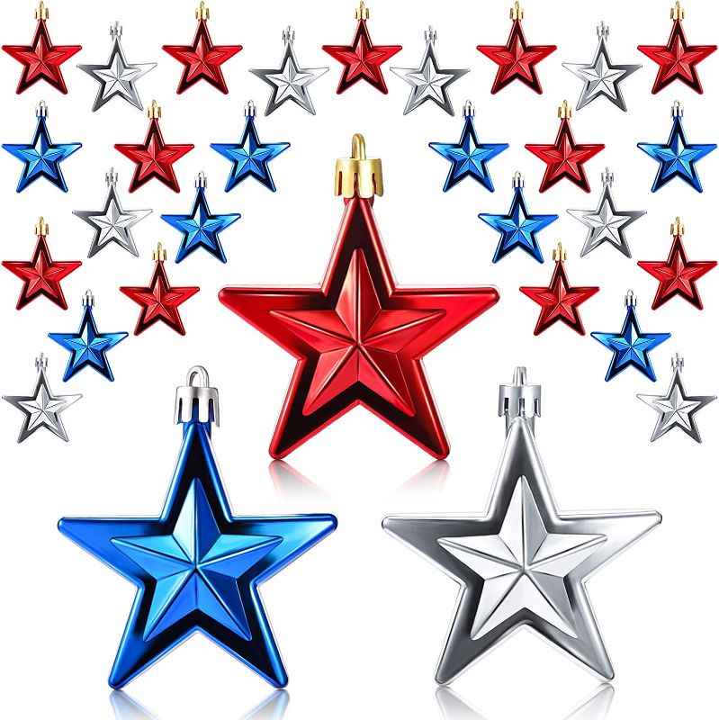 Photo 1 of 36 Pieces 4th of July Star Ornaments for Tree Hanging Star Ornaments Independence Day Decorations for Home Party Indoor Outdoor Decor (Red, Silver, Blue)