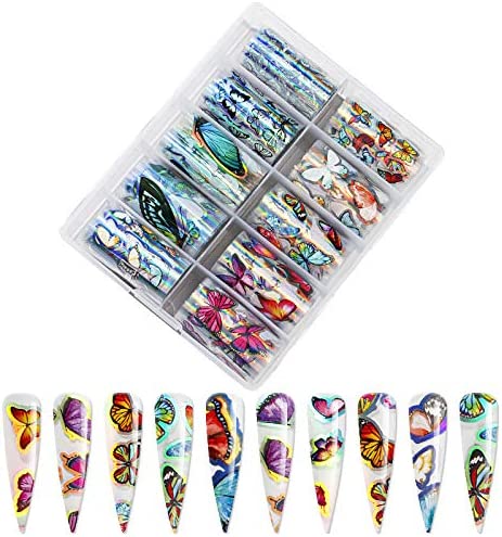 Photo 1 of 10 Roll Butterfly Nail foil Transfer Stickers Holographic Nail Art Decals Supplies Colorful Nail Starry Paper Designs Nail Art Acrylic accesories for Women DIY Decoration Fingernails Manicure Tips