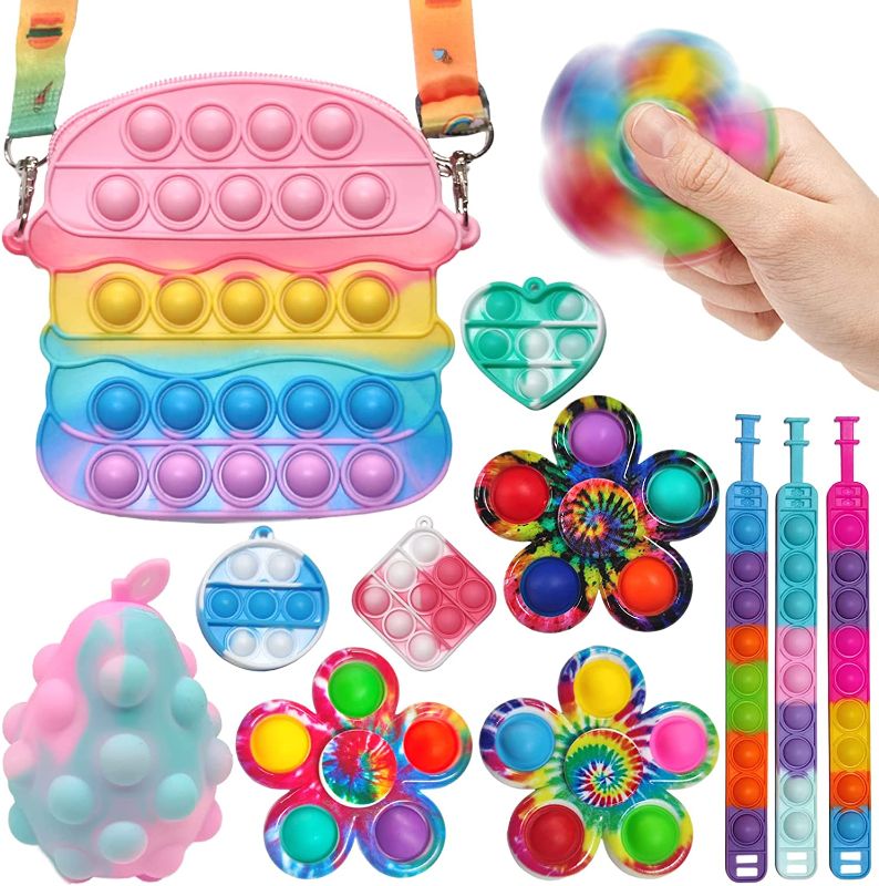 Photo 1 of 11 Packs Fidget Toys Push Pop Bubble Purse Bag Stress Relief Balls,Mini Pop Keychain ,Fingertip Gyro Toy Spinner ,Pop Bracelet for Its ADHD Office Desk Sensory Toy Gifts Set for Kids Girls Adults