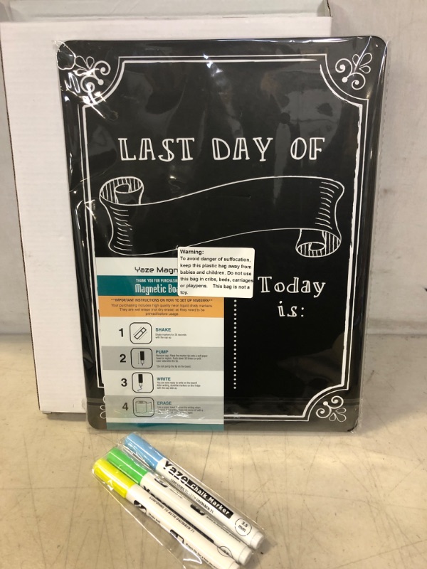 Photo 2 of First Day of School Chalkboard with 2 Chalk Markers - Dry Erase Back to School Sign - 1st Day Reusable Board - Double-Sided First and Last Day Board for Kids - 12x9"